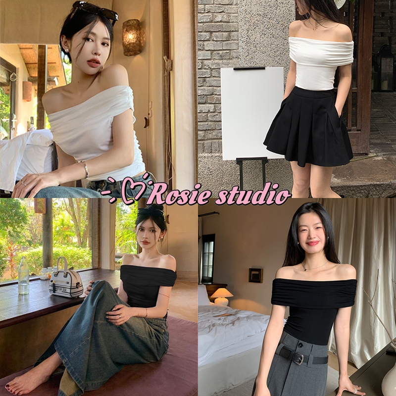 Rosie🍒พร้อมส่ง🍒เสื้อยืดสุภาพสตรี เสื้อยืดแขนสั้นเปิดไหล่เซ็กซี่ผู้หญิง เสื้อครอปปาดไหล่ สีพื้น ทรงลูกคุณหนู