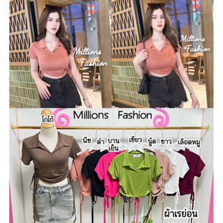 💰Pangpang💰 เสื้อครอป แขนสั้น คอปก รูดข้าง ผ้าเรย่อน รอบอก32-…