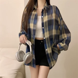 เสื้อเชิ้ตผู้หญิง แขนยาว เสื้อกันแดด oversize ผ้าเบาบาง ลายสก๊อต สไตส์เกาหลี