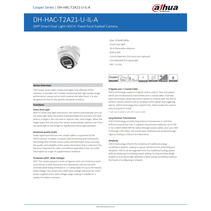 Dahua กล้องวงจรปิด 2MP มีไมค์ในตัว กลางคืน 2 ระบบ รุ่น HAC-T2A21-U-IL-A - แบบเลือกซื้อ