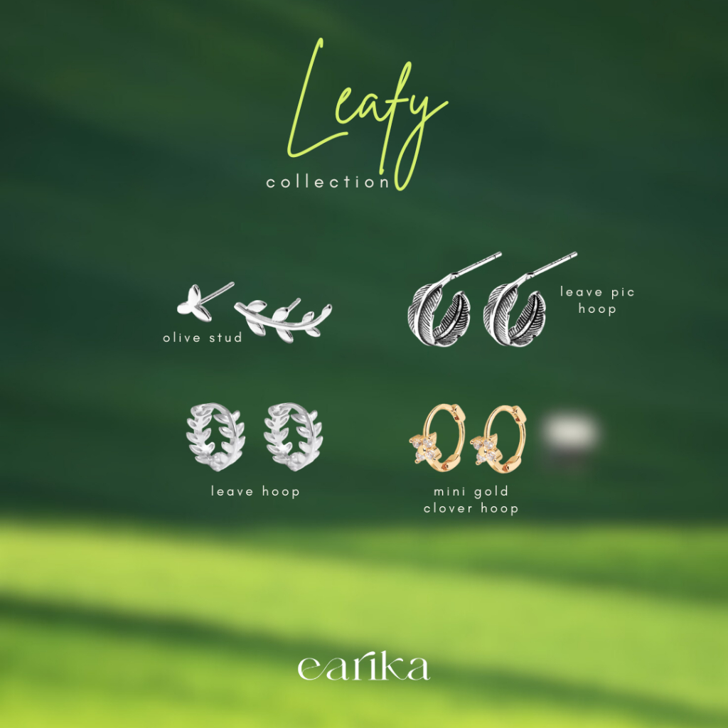 earika.earrings - leafy collection ต่างหูใบไม้ก้านเงินแท้ชุบทองคำขาว ผิวแพ้ง่ายใส่ได้
