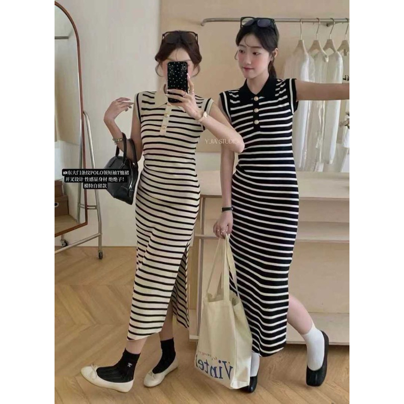 เดรสไหมพรมคอปกลายริ้วรุ่น 398 TAG : Y.JIA STUDIO 🇰🇷