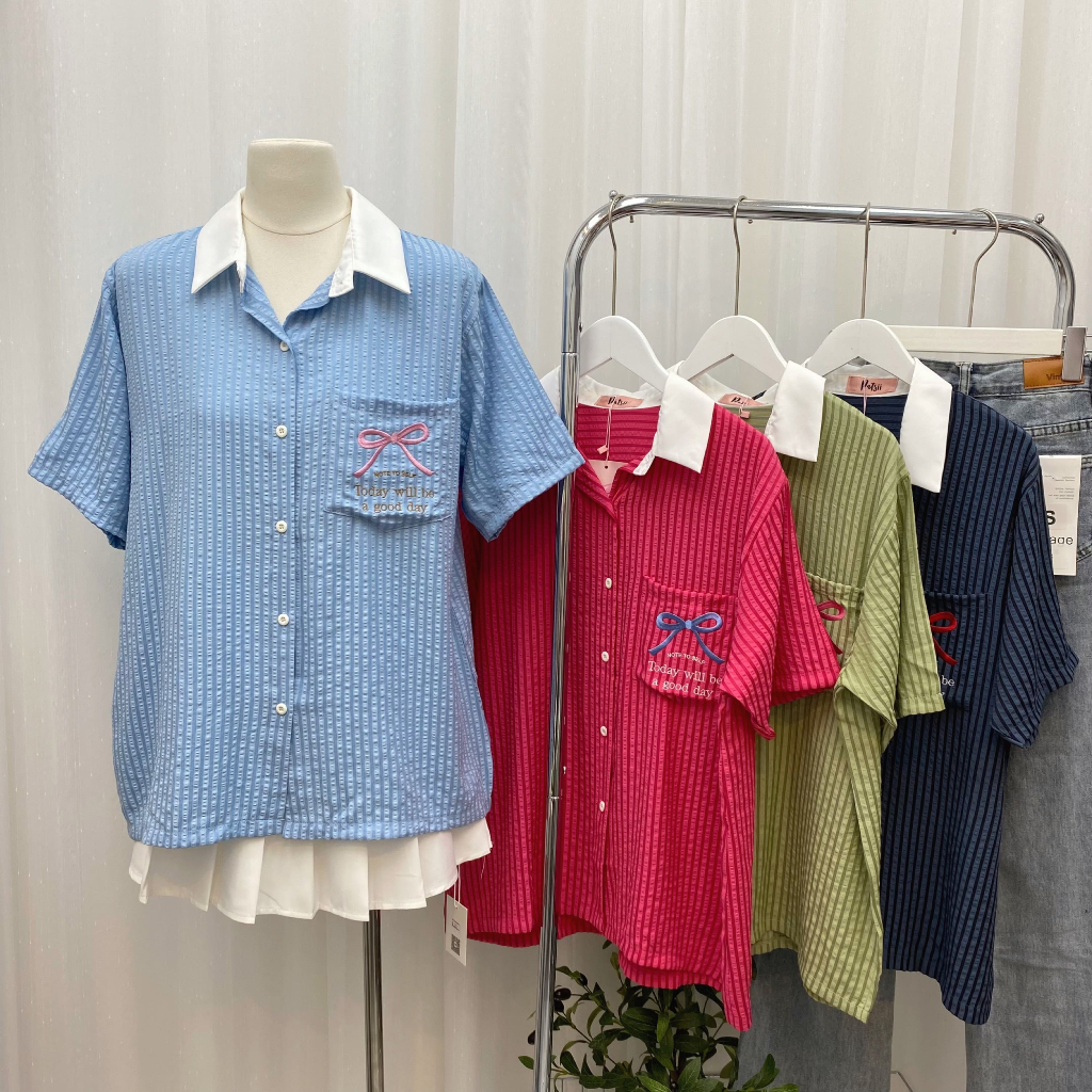 AMESTORE GoodDay Bubble Shirt เสื้อเชิ้ตทูโทนแขนสั้นปักกระเป๋า Clothing Women