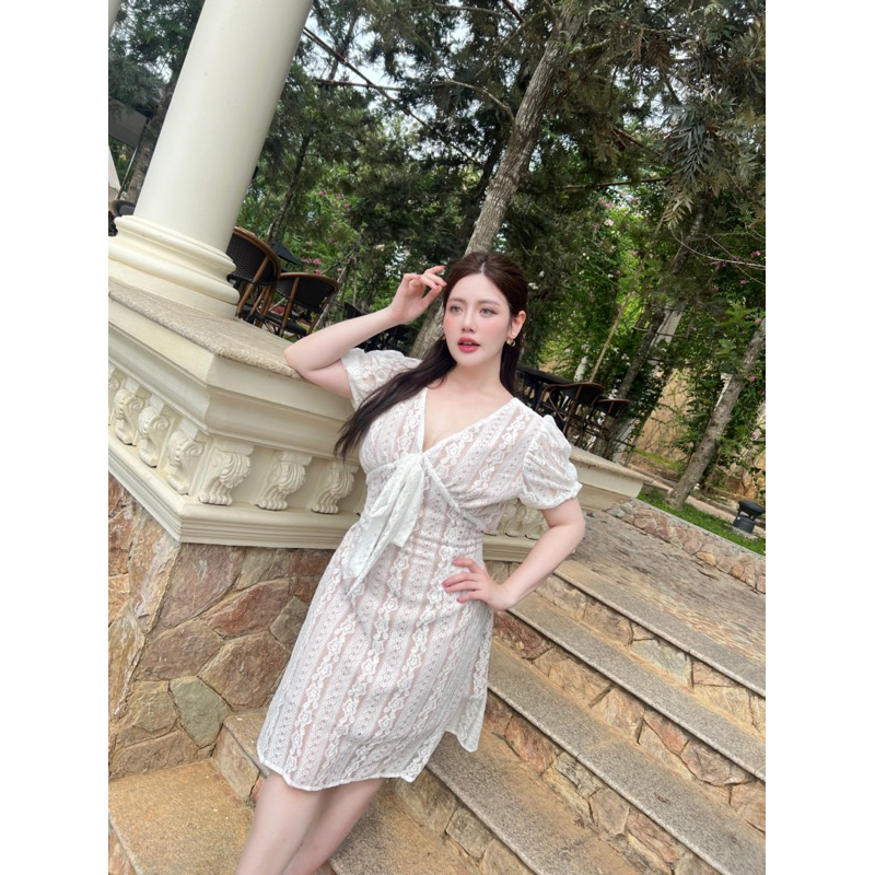 [Daphne Dress] เดรสออกงานสาวอวบ เดรสผ้าลูกไม้ เดรสแขนตุ๊กตา เดรสสาวอวบ ซับในอย่างดี งานตัดเองของร้าน