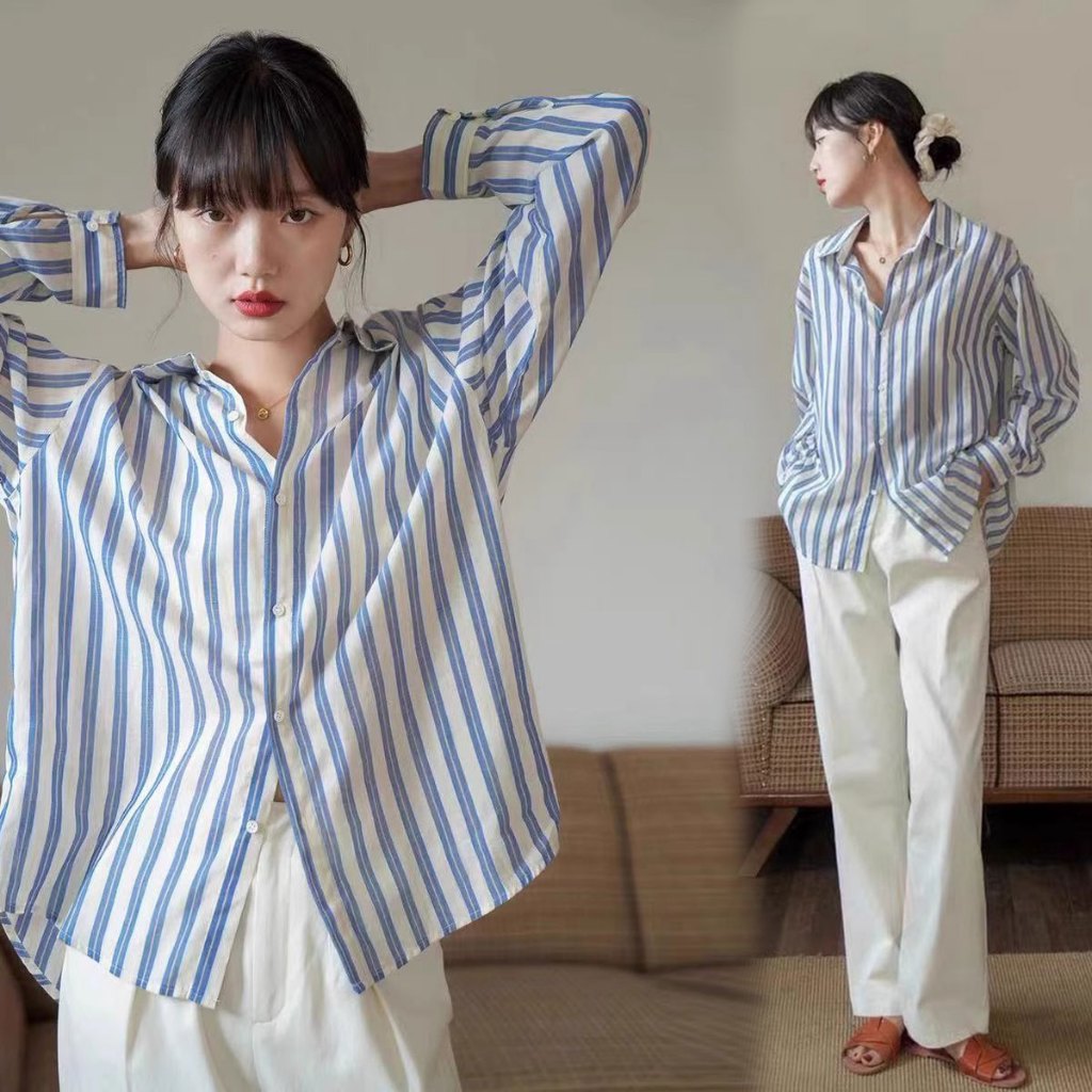 Dahong W390 เสื้อเชิ้ตแขนยาว เสื้อแฟชั่นผู้หญิง ทรงหลวม ลายทาง สีฟ้าอ่อน เข้ากับทุกการแต่งกาย
