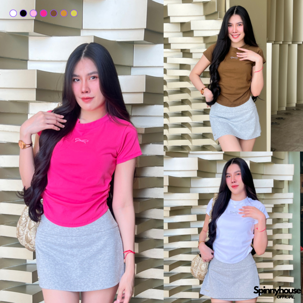 SpinnyHouse เสื้อยืดคอกลมแขนสั้น ผ้ายืดยูนิโคล่ แต่งย่นข้าง ปักอกโบว์ เบบี้ทีสุด สาวอวบใส่ได้ยืดเยอะ รุ่น ตาแป๋ว