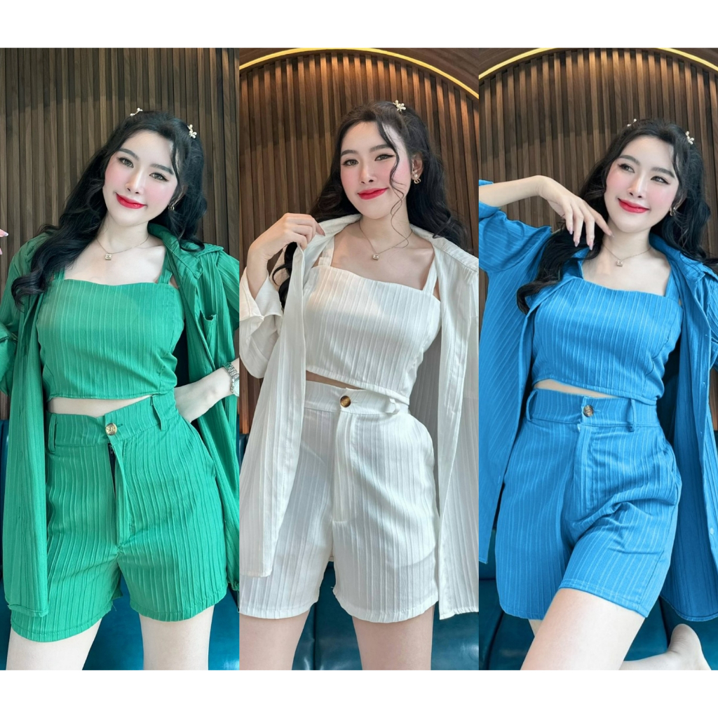 พร้อมส่ง ชุดเซต 3 ชิ้นผ้าด๊อบบี้ เสื้อคลุม+สายเดี่ยว+กางเกง A878