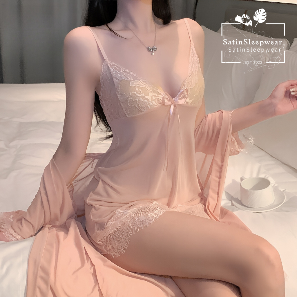 SatinSleepwear🩷🩷ชุดนอนเซ็กซี่ลูกไม้สองชิ้น ชุดซีทรูเซ็กซี่🌸🌸วัสดุที่มองทะลุได้ สลิงปรับได้ มีไซส์ XL H1083