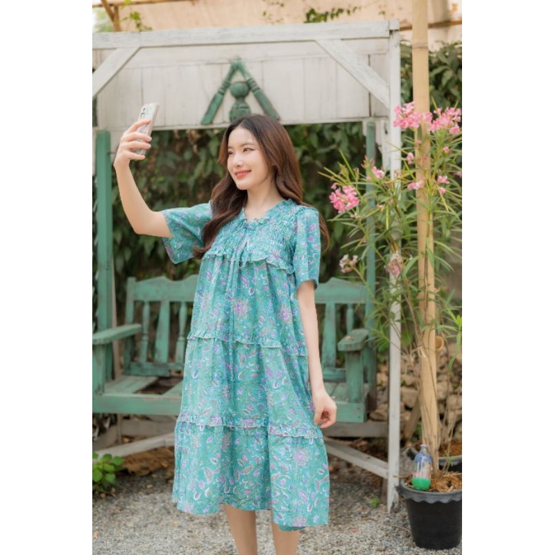 Pine Green Dress เดรส Indian Handblock