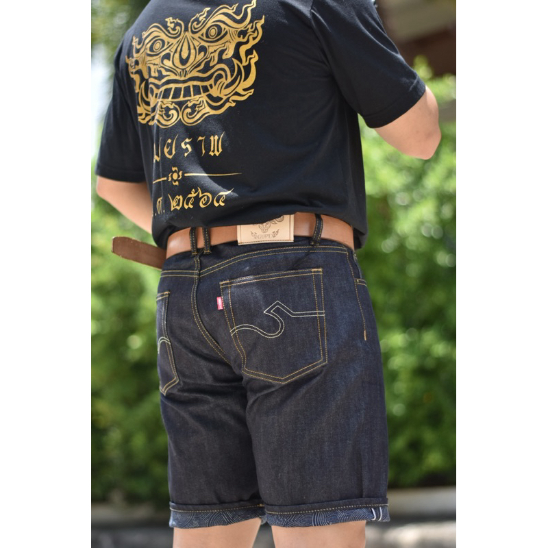 GUPEJEANS 14Oz. ขาสั้น หลังผ้าลายน้ำทะเล สีมิดไนท์