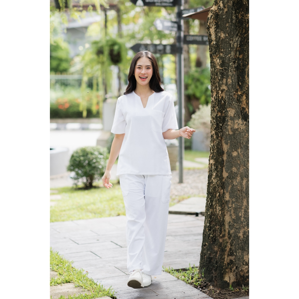 ชุดขาวปฏิบัติธรรม ชุดขาวเข้าวัด ชุดขาวกินเจ ชุดเสื้อพร้อมกางเกง ใส่สบาย 5แบบ ไซส์38“-52” - รูปที่ 4