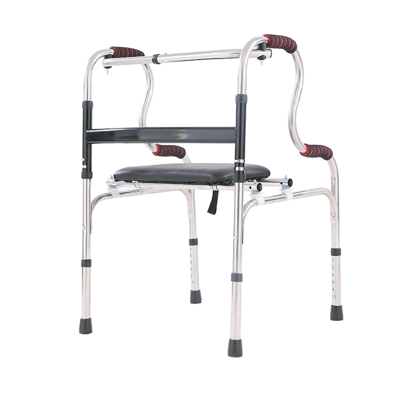 สแตนเลสหนา ไม้เท้าพยุง4ขา อุปกรณ์ช่วยเคลื่อนที่สแตนเลสสตีลแบบพับได้ การปรับ6ระดับ แบริ่งความปลอดภัย 150KG ไม้เท้าคนแก่