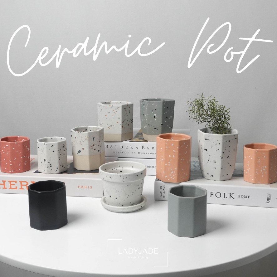 กระถางเซรามิคทรงเหลี่ยม งานคราฟท์ สไตล์มินิมอล มีรูเจาะระบายน้ำ Minimal Craft Ceramic Pot