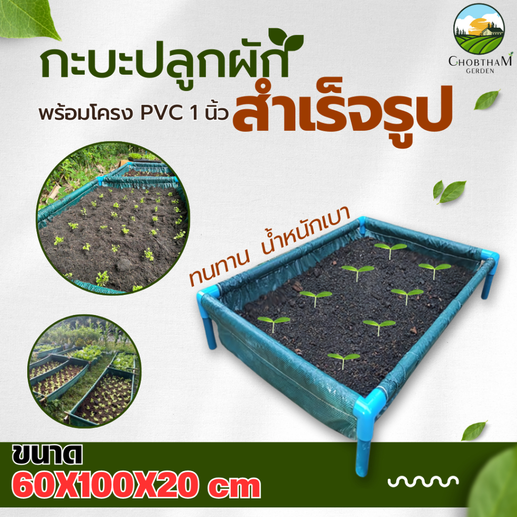 กะบะปลูกผักสำเร็จรูป พร้อมโครง PVC 1 นิ้ว ขนาด 60x100x20 cm