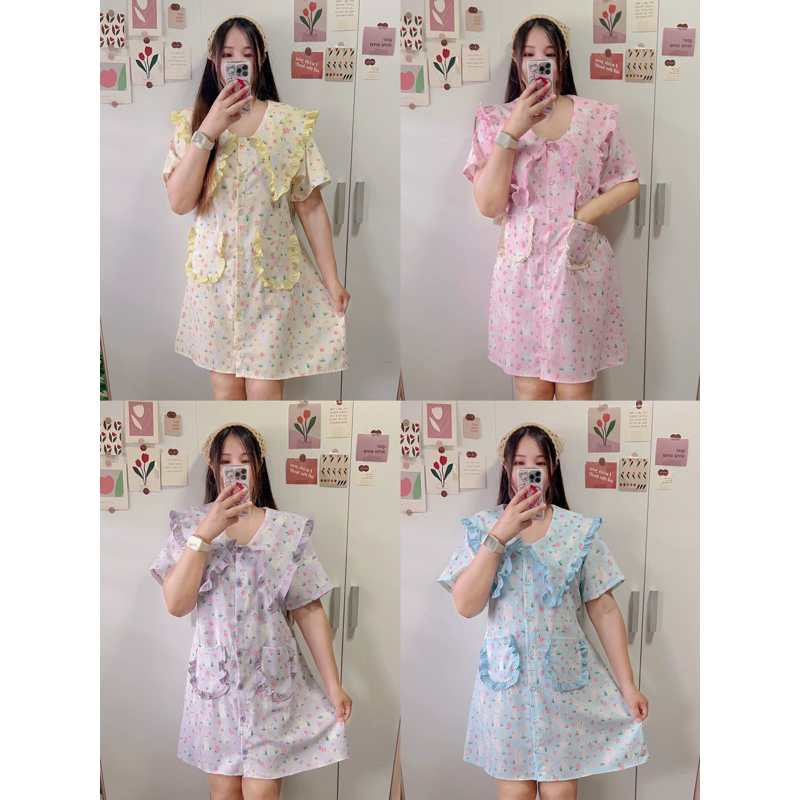พร้อมส่ง เดรสสั้นคอบัวแต่งระบาย งานผ้าเปลือกไม้พิมพ์ลายกระต่ายสุดน่ารัก ใส่เที่ยวได้ค่ะ