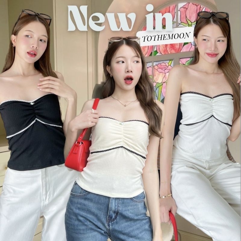 Jenny : เสื้อเกาะอกผ้าร่องนิ่ม ขอบลูกไม้ สีน่ารักมากก