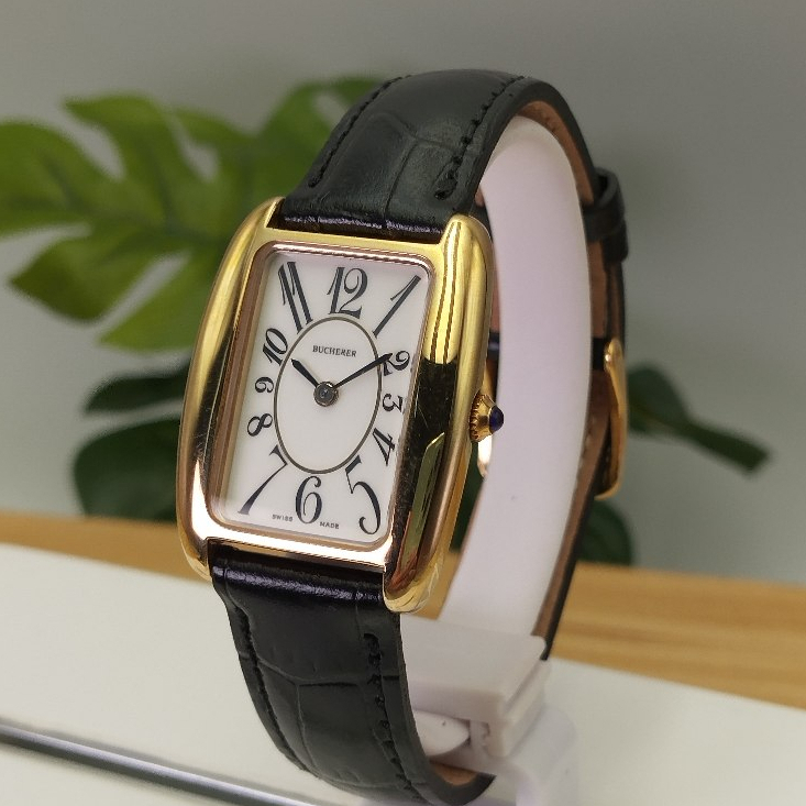 ฺBUCHERER swiss made ระบบควอตซ์ ทรงสี่เหลี่ยม สายหนังดำแท้