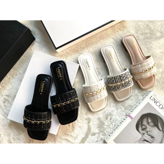 🎀RinyaShoes🎀รองเท้าแตะแบบสวมผ้าทวิตแต่งโซ่ทอง สวยหรูมากค่ะ(มีไซด์36-45)สินค้าพร้อมส่ง