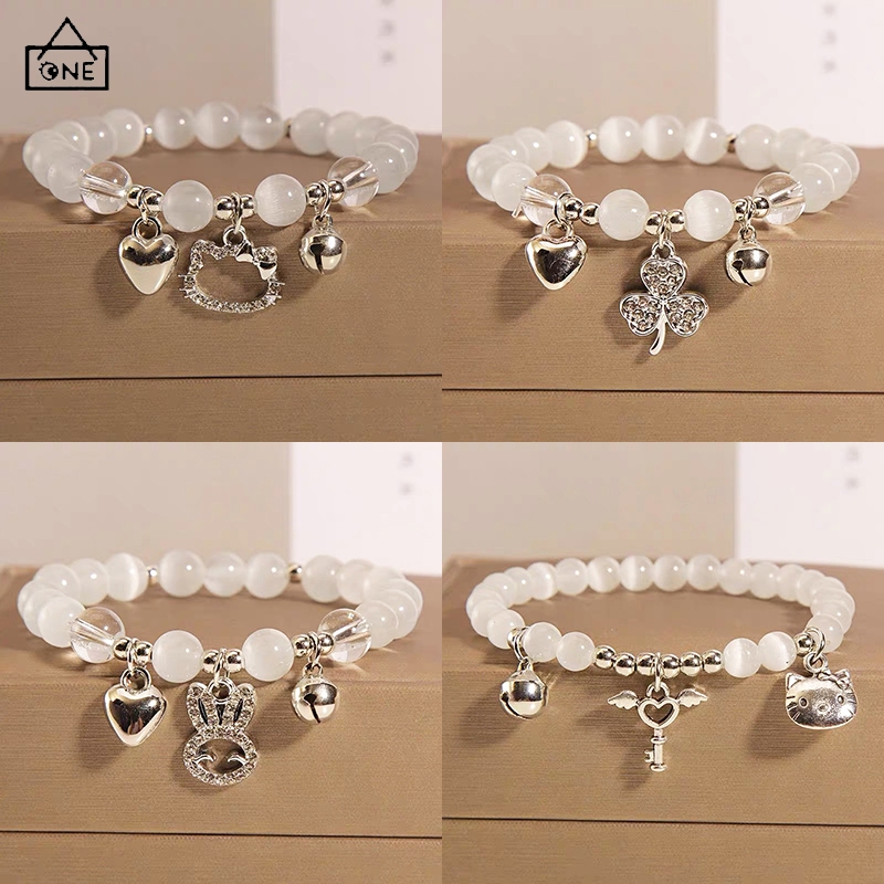 COD❤️สร้อยข้อมือลูกปัดหินตาแมวจี้สี่ใบโคลเวอร์น่ารักสไตล์เกาหลีแฟชั่นเครื่องประดับสำหรับผู้หญิงของขวัญ-a.one
