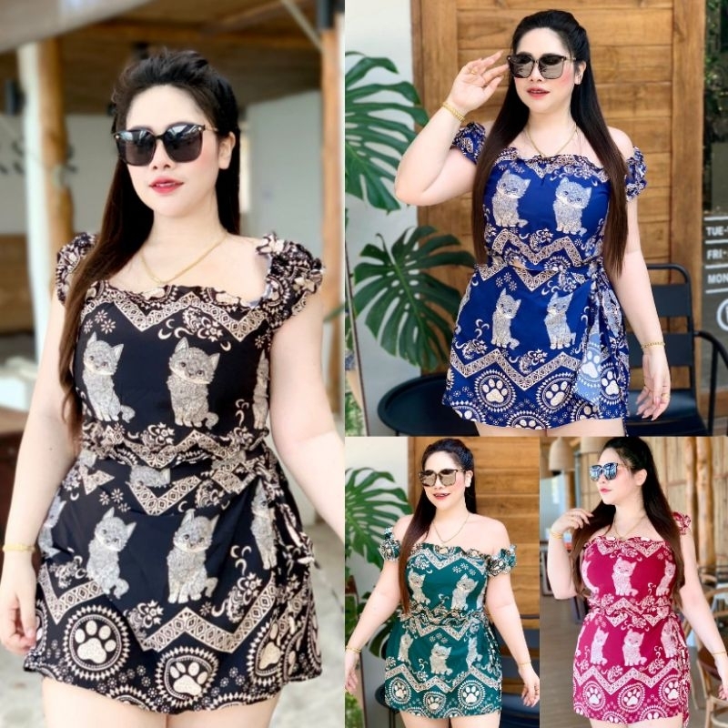 Z86 เซ็ตน้องแมวสาวอวบ กางเกงกระโปรงผูกหน้า เสื้อสม็อคหลัง อก38-46“ เอว30-40” สพ.-48“
