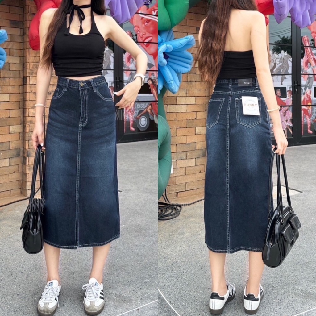 RittaJeans กระโปรงยีนส์ยาว Style Korea [S-5XL] สีดำมิดไนท์