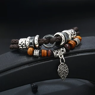 สร้อยข้อมือ กำไล ข้อมือ หนัง Multi-Layer Woven Leaf Pendant Men's Leather Bracelet Cross-Border