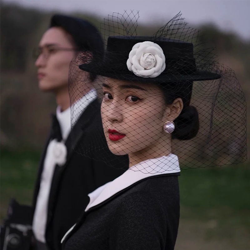 👒✨หมวกตาข่าย ท็อปเปอร์ ปกตาข่าย  สีดำ ดอกคามิเลีย สไตล์อังกฤษ ประดับดอกไม้ตาข่ายสไตล์อังกฤษ