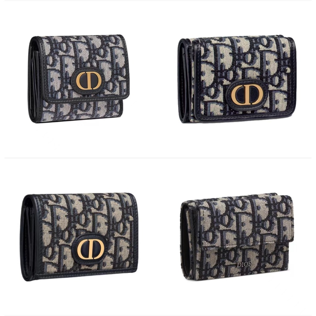 Dior/30 MONTAIGNE/Mini/Blue/Embroidery/Canvas/กระเป๋าสตางค์ใบสั้น/ของแท้ 100%