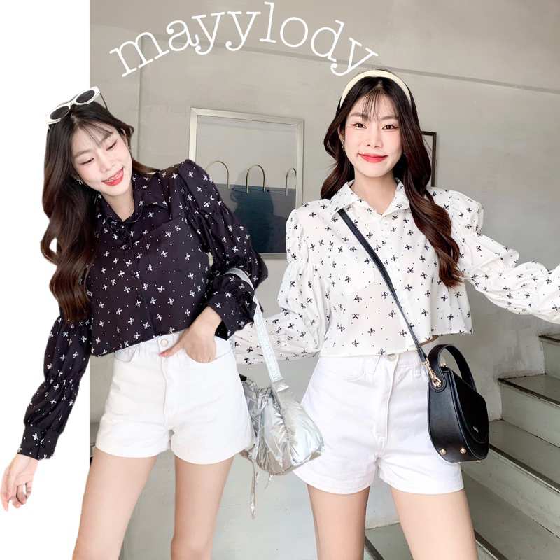 mayylody Ribbon Shirt เสื้อครอปเชิ้ต แขนยาวเเต่งเเขนพอชั้นๆ น่ารัก สไตล์เกาหลี สุดฮิต เชิ้ต เสื้อเชิ้ต