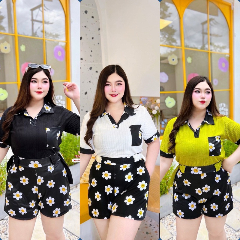 P40-S3S1🙏🏻 ✿. เซต2ชิ้น แต่งกระเป๋าลายดอกยอดฮิต  ตัวเสื้อผ้ายืดใส่สบาย ทรงคอปก