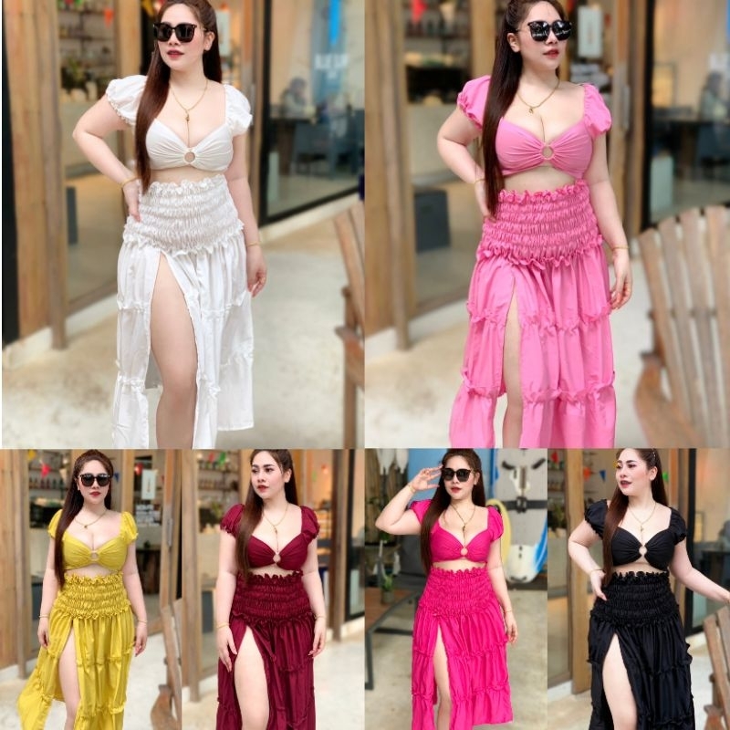 Z94 เซ็ตกระโปรงทะเลสาวอวบ อก36-44“ เอว32-42” สพ.ฟรีไซส์ถึง56“ เสื้อครอป+กระโปรงเอวสม็อค
