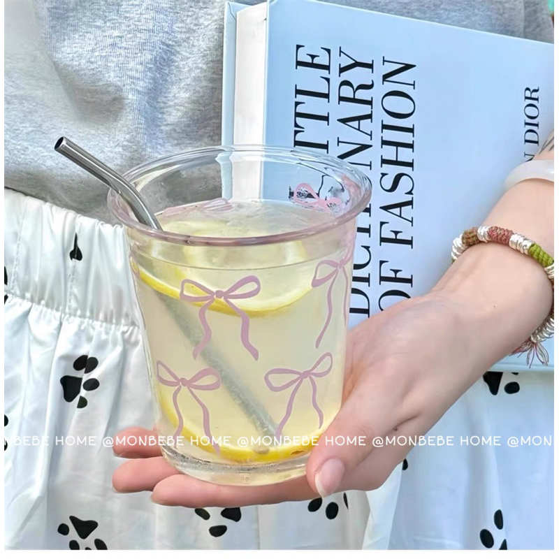 แก้ว แก้วน้ำ แก้วกาแฟ ลายโบว์สีชมพู สำหรับร้านกาแฟ พร้อมส่ง！！！