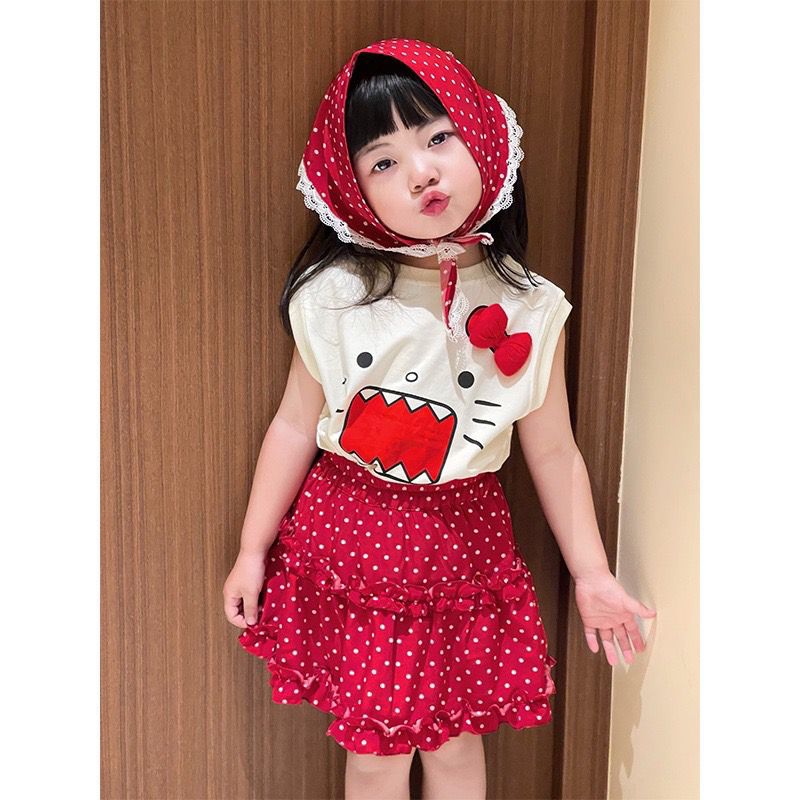 ชุดเซตลูกสาวลายคิตตี้กระโปรงแดง พร้อมผ้าโพกสายเกา