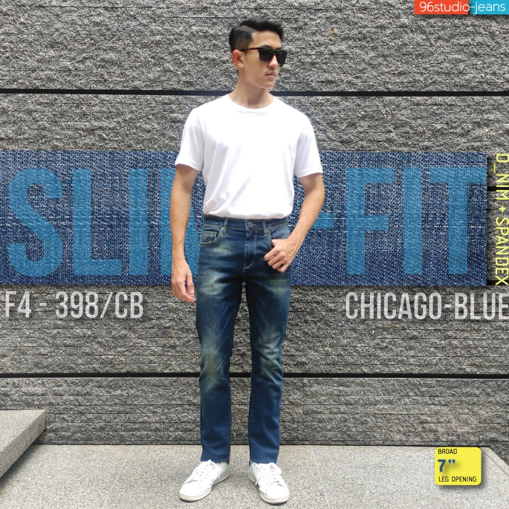 [ F4-398/CB ] CHICAGO BLUE กางเกงยีนส์ผ้ายืด ทรงกระบอกเล็ก Man Jeans Clothing