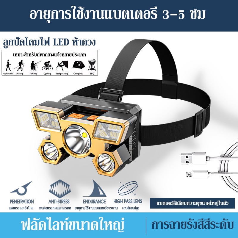 ไฟฉายคาดหัว กันน้ำไฟฉายคาดหัว ไฟฉายติดหัว ไฟส่องสว่างทางไกล LEDไฟคาดหัวแรงสูง แสงที่สว่างเป็นพิเศษ