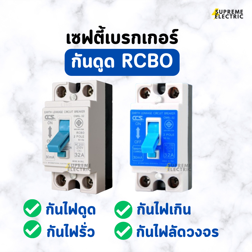 เซฟตี้เบรกเกอร์กันดูด RCBO 2P 15A-20A-32A กันไฟดูด กันไฟเกิน กันไฟช็อต กันไฟรั่ว Safety Breaker CCS