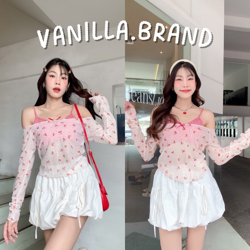 เซตเสื้อแขนยาว บราสายเดี่ยวลายเชอร์รี่ -bb / VB0435