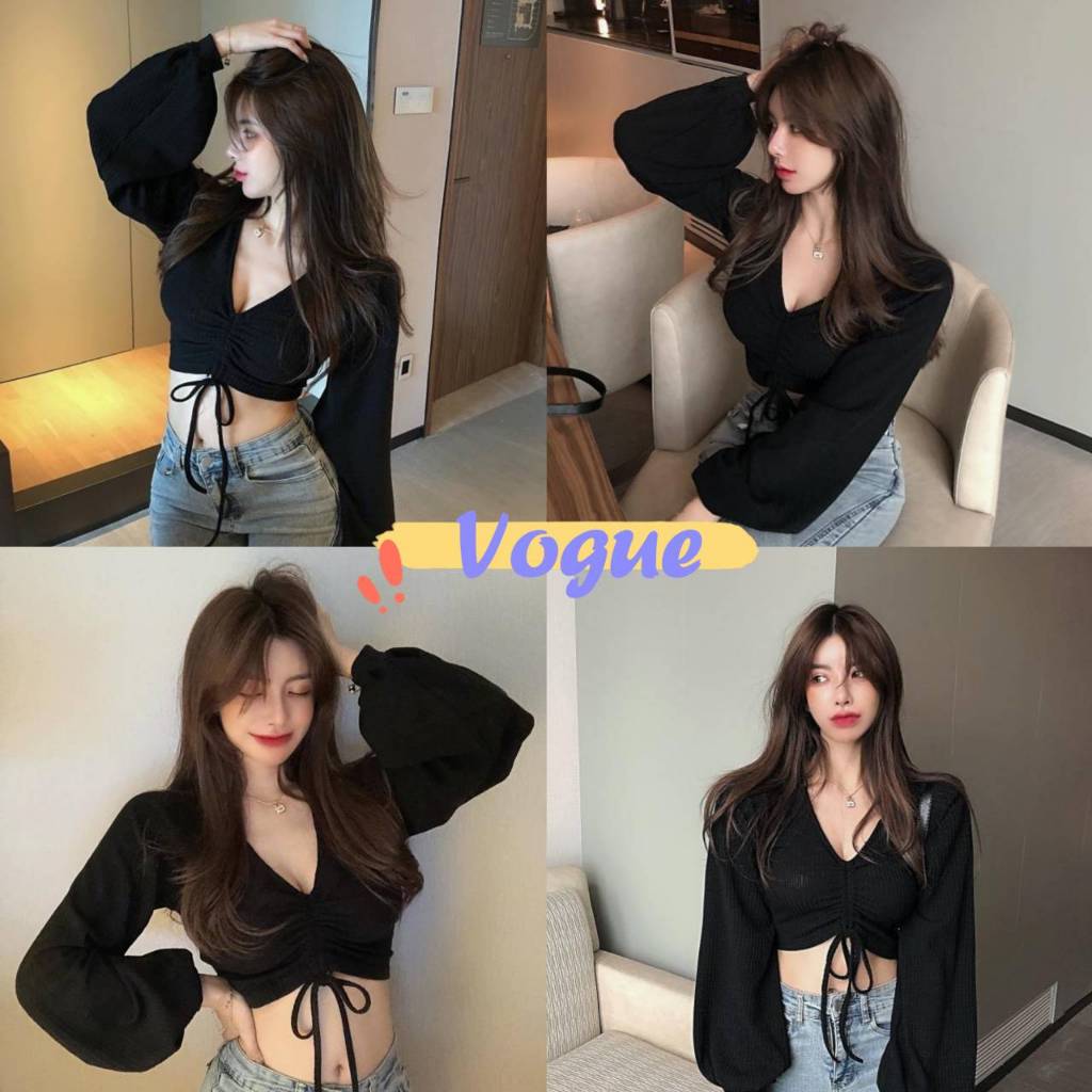 Vogue พร้อมส่ง เสื้อแขนยาว คอวี ดีเทลสายรูดตรงอกเก๋ๆ ยืดรัดตัวกำลังดี (FY2418)