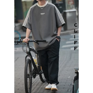 CLIFF เสื้อยืดวาฟเฟิลด์ แขนสั้นผู้ชาย เสื้อลายทาง สไตล์อเมริกันวินเทจ