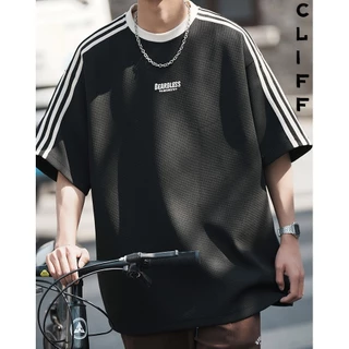 CLIFF เสื้อยืดวาฟเฟิลด์ แขนสั้นผู้ชาย เสื้อลายทาง สไตล์อเมริกันวินเทจ