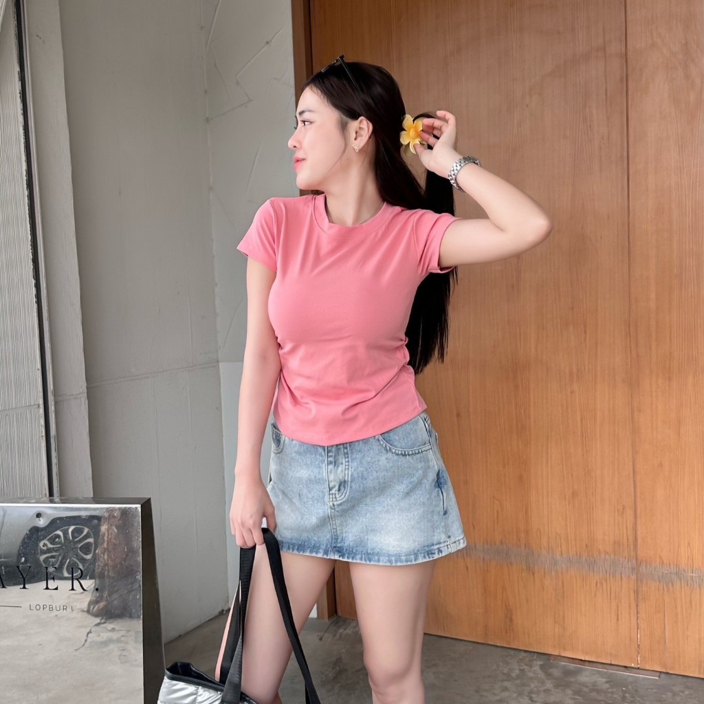 เสื้อยืดรัดรูป ผ้ายืดยูนิโคล่ ทรง BABYTEE 🌺 ทรงคอกลมแขนสั้น เสื้อเข้ารูป เบสิคสไตล์สุด รุ่น เทมปุระ - รูปที่ 5