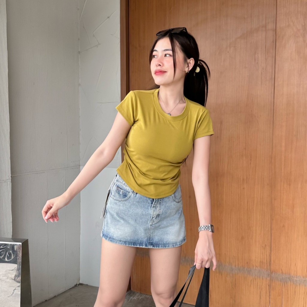 เสื้อยืดรัดรูป ผ้ายืดยูนิโคล่ ทรง BABYTEE 🌺 ทรงคอกลมแขนสั้น เสื้อเข้ารูป เบสิคสไตล์สุด รุ่น เทมปุระ - รูปที่ 6