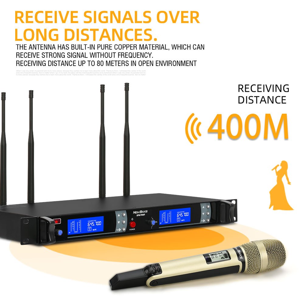 NEW BAXS SKM9000 ไมโครโฟนไร้สาย 2 มือถือ 200 เมตรรับระยะทาง 4 เสาอากาศ UHF FM โลหะเต็มรูปแบบวัสดุอุปกรณ์ร้องเพลง