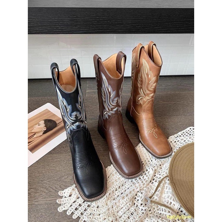 Stop#🎀หนัง รองเท้าบูทคาวบอยตะวันตก Cavalier Boots Mid-Tube Martin Boots Chelsea Boots Long Boots Wom