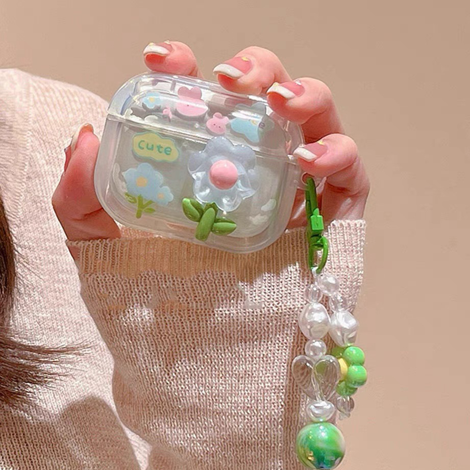 【 ดอกไม้เขียว 】Airpods4 เคสหูฟัง i12 i11 i13 เคสใสการ์ตูนนูน 1 2 3 เคสหูฟังบลูทูธ gen gen1 gen2 เคสห