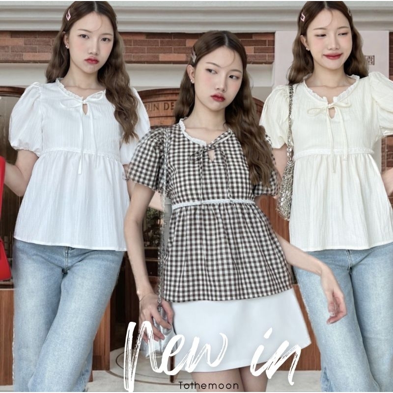 Cookie : เสื้อแขนพองบอลลูน แต่งคอลูกไม้ ผูกโบว์ช่วงอก