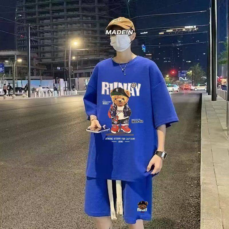 ชุดเซ็ตผู้ชายสกรีนลายหมี สกรีนทั้งเสื้อ+กางเกง ผ้าวาฟเฟิล SH09