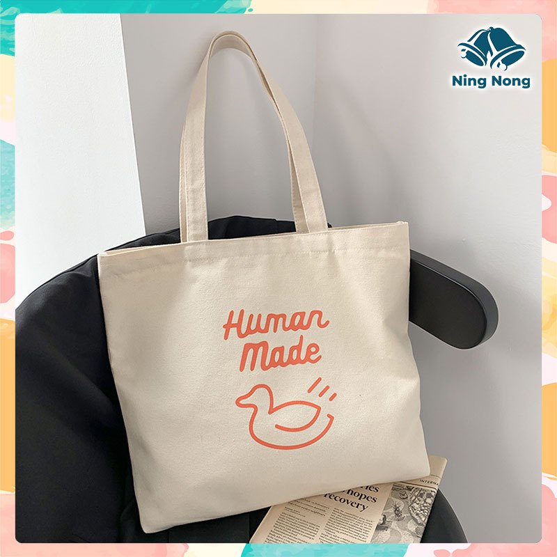 กระเป๋าผ้าวินเทจ กระเป๋าสะพายข้าง ผ้าแคนวาส มีซิปด้านใน โลโก้ Human Made สวยเท่ไม่เหมือนใคร เก็บเงิน