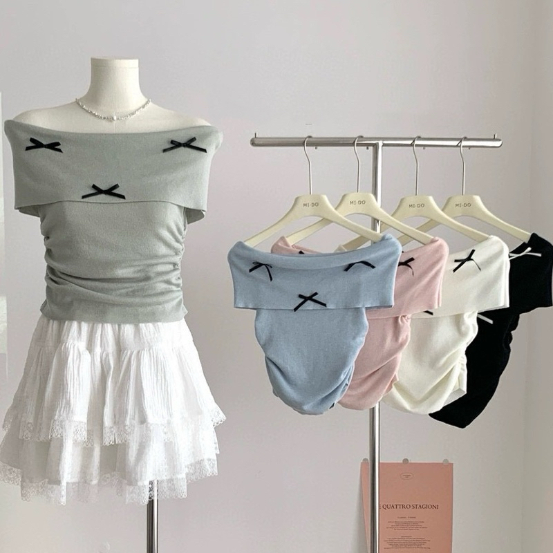 STR พร้อมส่ง💗เสื้อปาดไหล่เซ็กซี่ผู้หญิง💗แต่งโบว์ สีพื้น ผ้าไหมพรม ทรงเข้ารูป สาวอวบใส่ได้ ชุดไปทะเล สไตล์เวียดนาม - รูปที่ 4