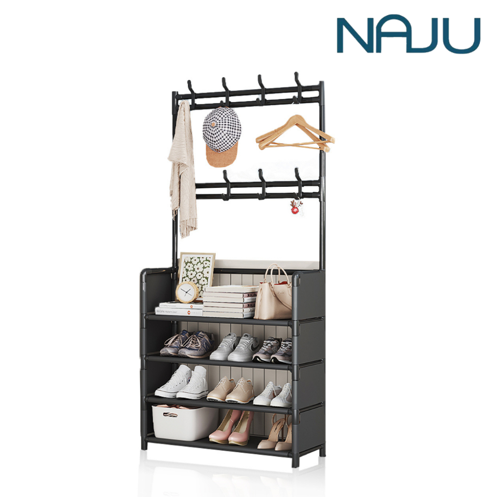 Naju ชั้นแขวนหมวกและเก็บรองเท้า ชั้นวางรองเท้า ตะขอแขวนเสื้อ สำหรับแขวนกระเป๋า วางรองเท้า 4ชั้น 5ชั้น 3in1 ประหยัดพื้นที